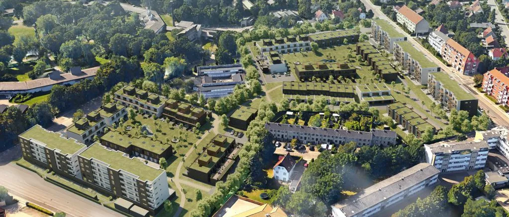 Luftfoto-visualisering af Bagsværdlund-bebyggelsen med rækkehuse, lejligheder og grønne tage